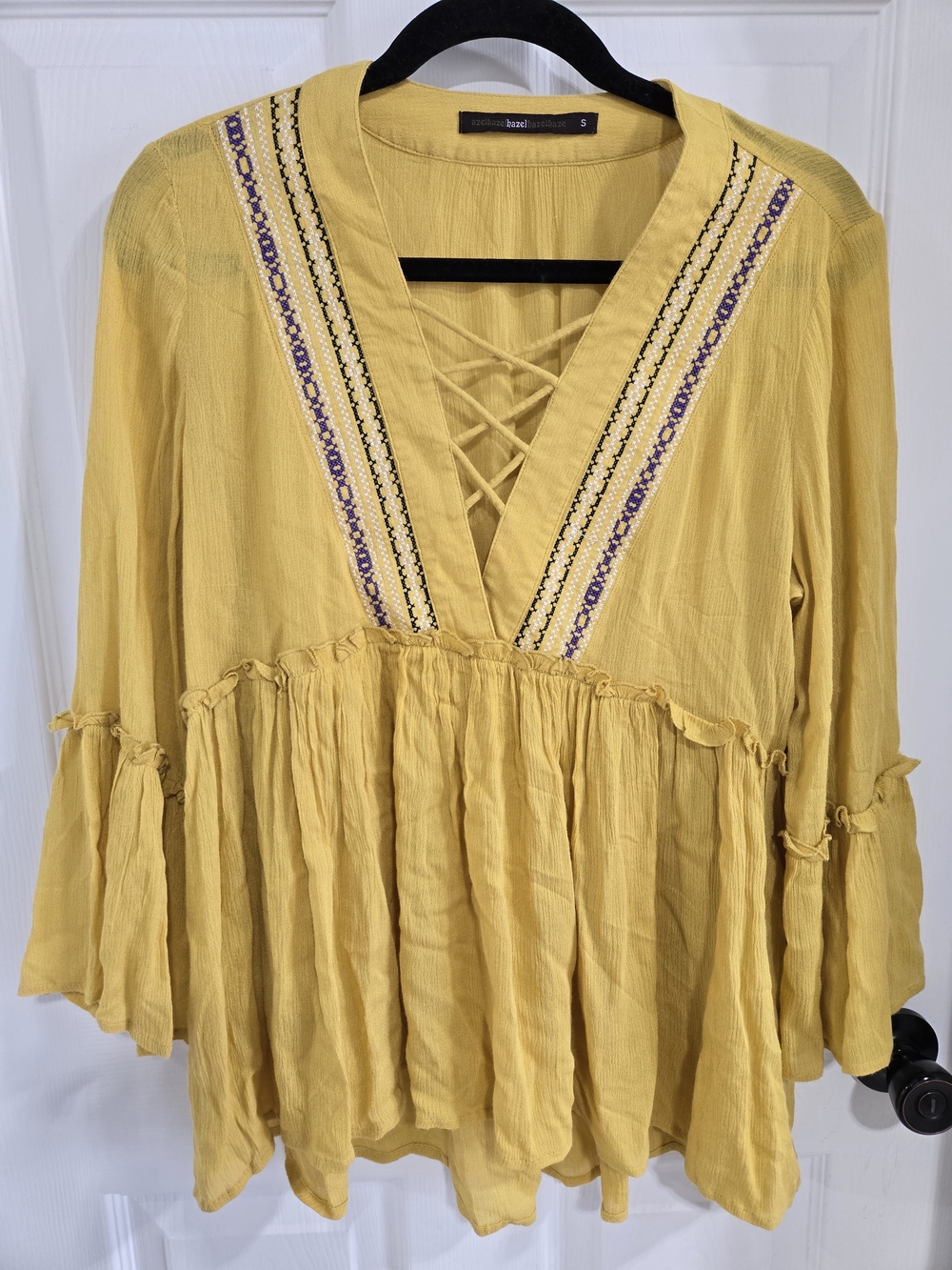 Hazel Mustard Yellow Embroidered Lace-Up Peasant Tunic